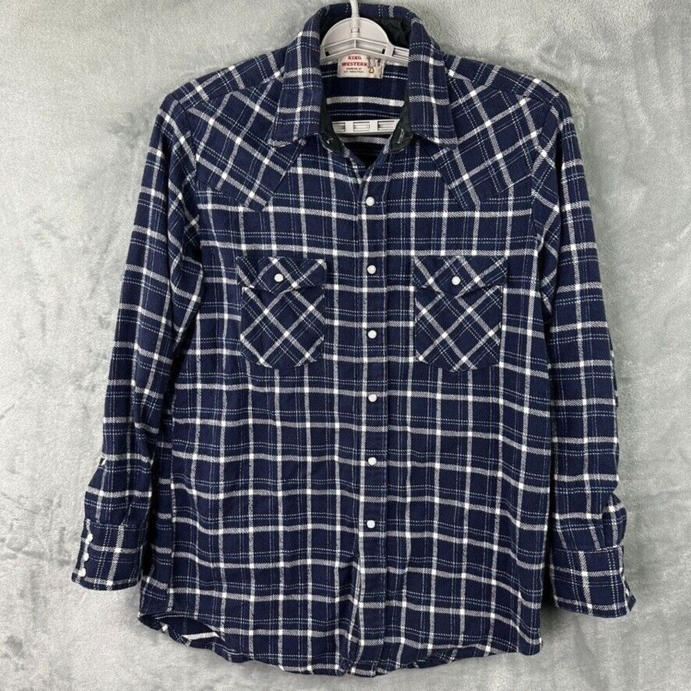 saddle king thick western shirt mens blue plaid pearl snap button long sleeve